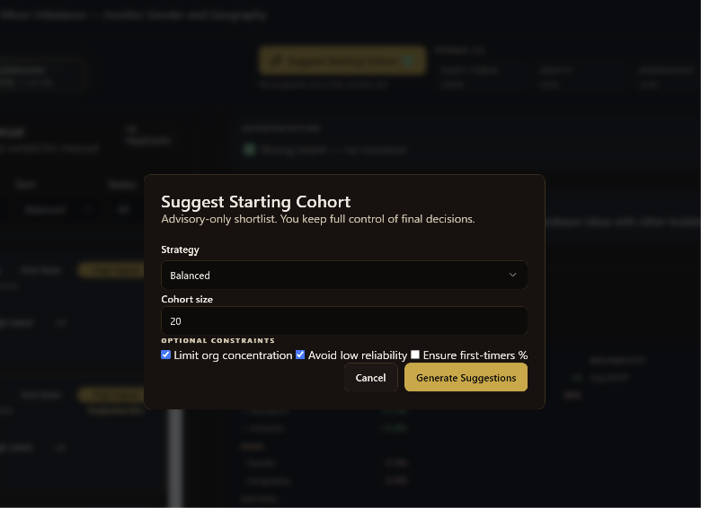 Modal depicting the various options when choosing the starting cohort