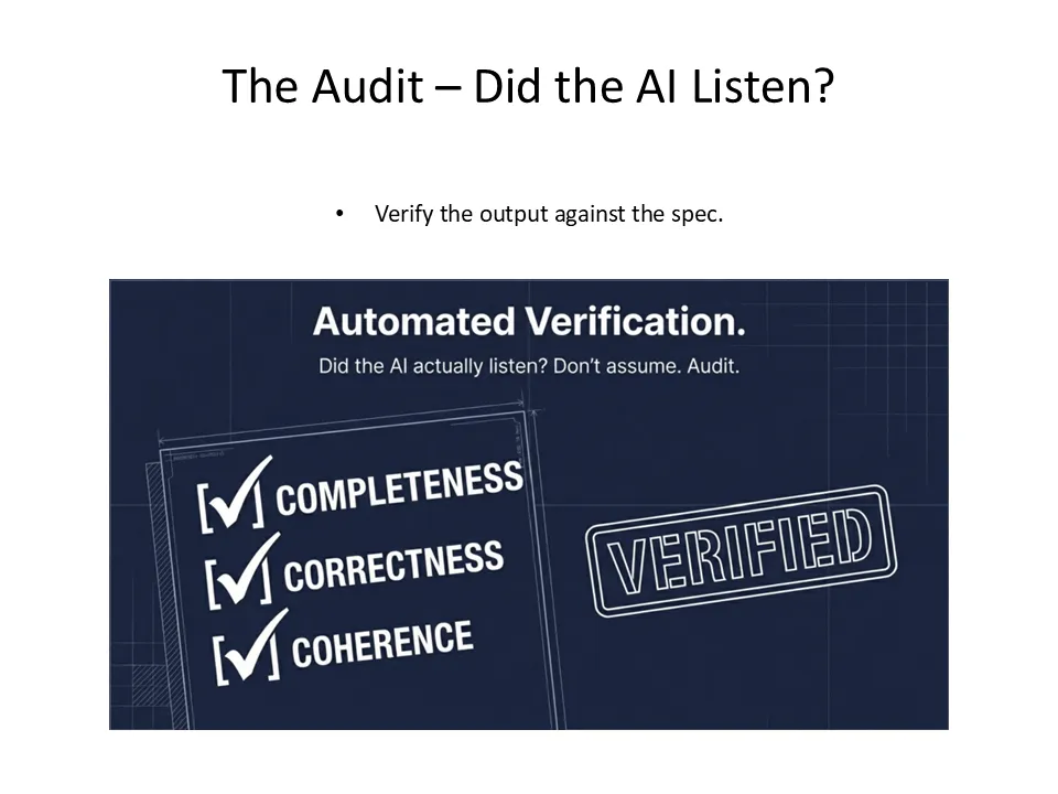 Verification checklist illustrating completeness, correctness, and coherence when auditing AI output.