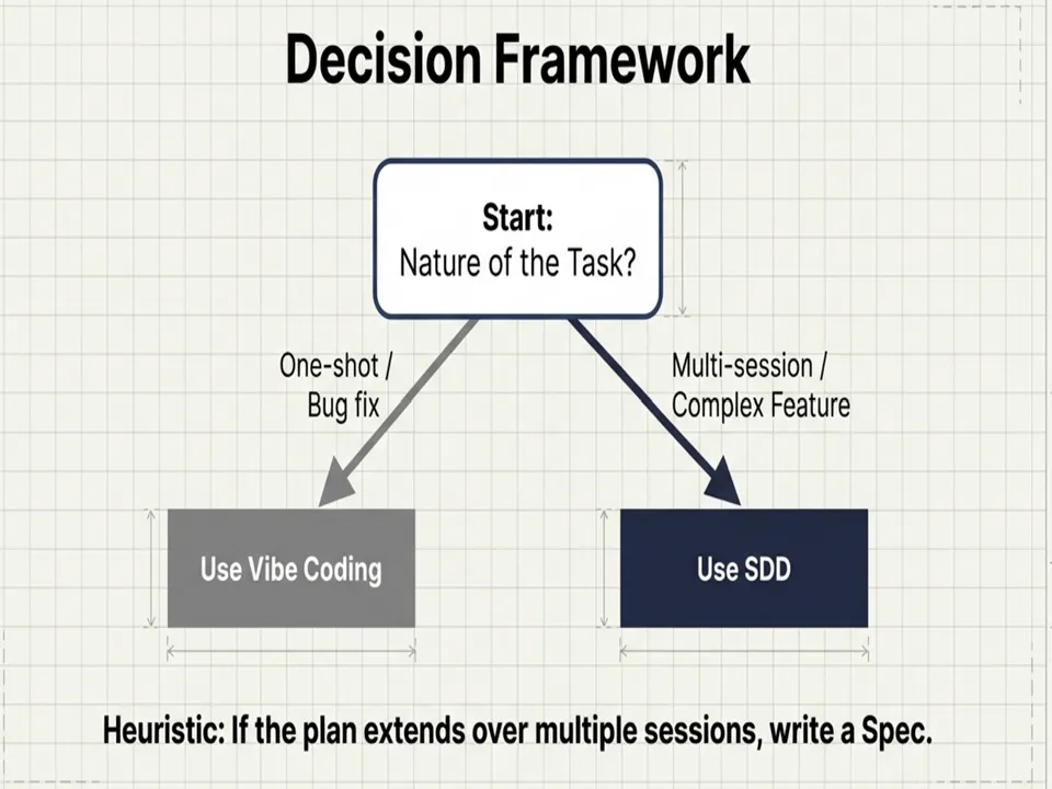 Decision tree showing when to use vibe coding versus Spec-Driven Development based on task complexity and duration.