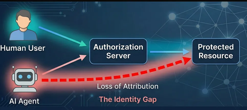 Diagram illustrating the accountability gap caused by static API keys and recursive delegation in AI agents