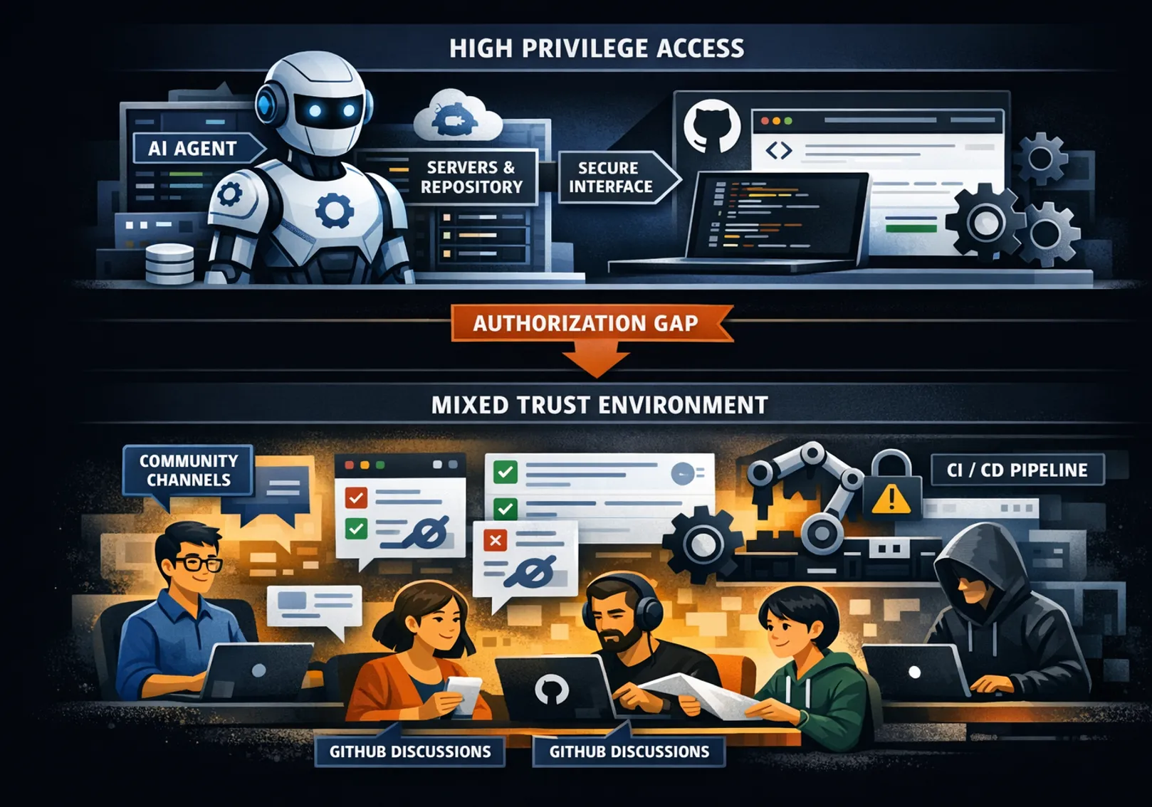 Diagram illustrating the mixed-trust environment in which AI agents operate