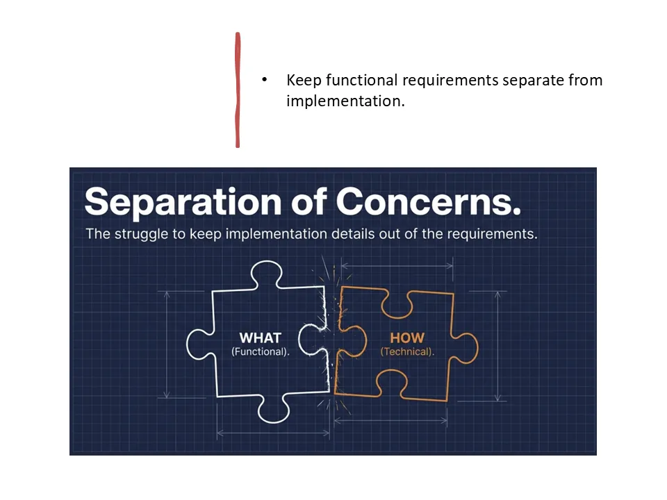 Illustration showing separation of functional requirements from technical implementation details.