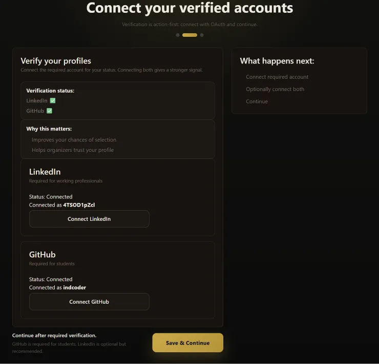 A registration form with LinkedIn and GitHub connect button