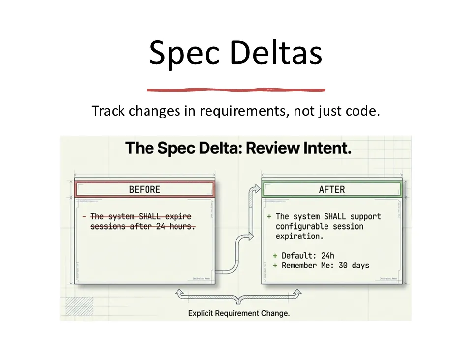 Before-and-after example showing a requirement change captured as a spec delta.