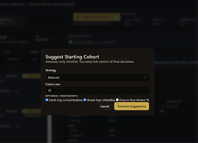 Modal depicting the various options when choosing the starting cohort