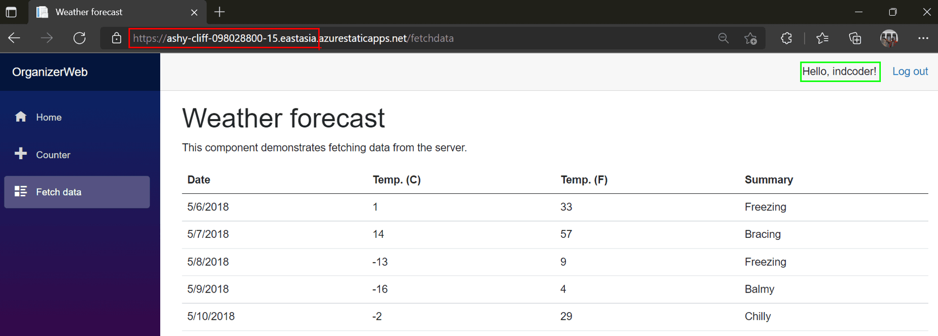 Weather Forecast page on the Stage URL with GitHub user profile
