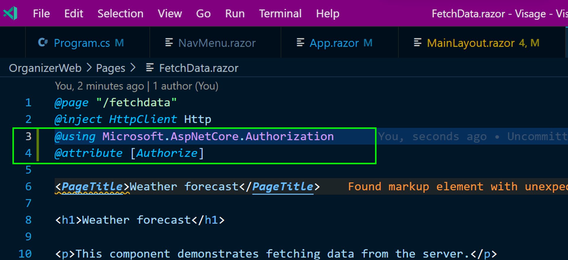 FetchData.razor file with the code addition highlighted in green