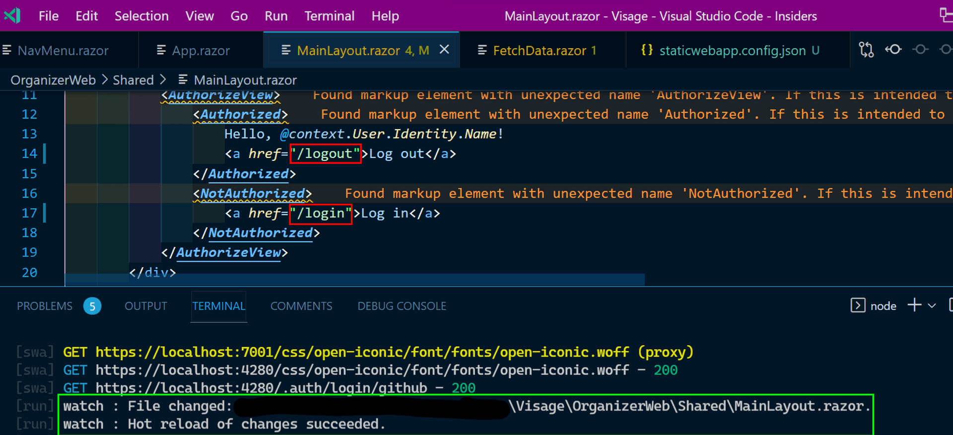 VS Code with console output logging hot reload in actions